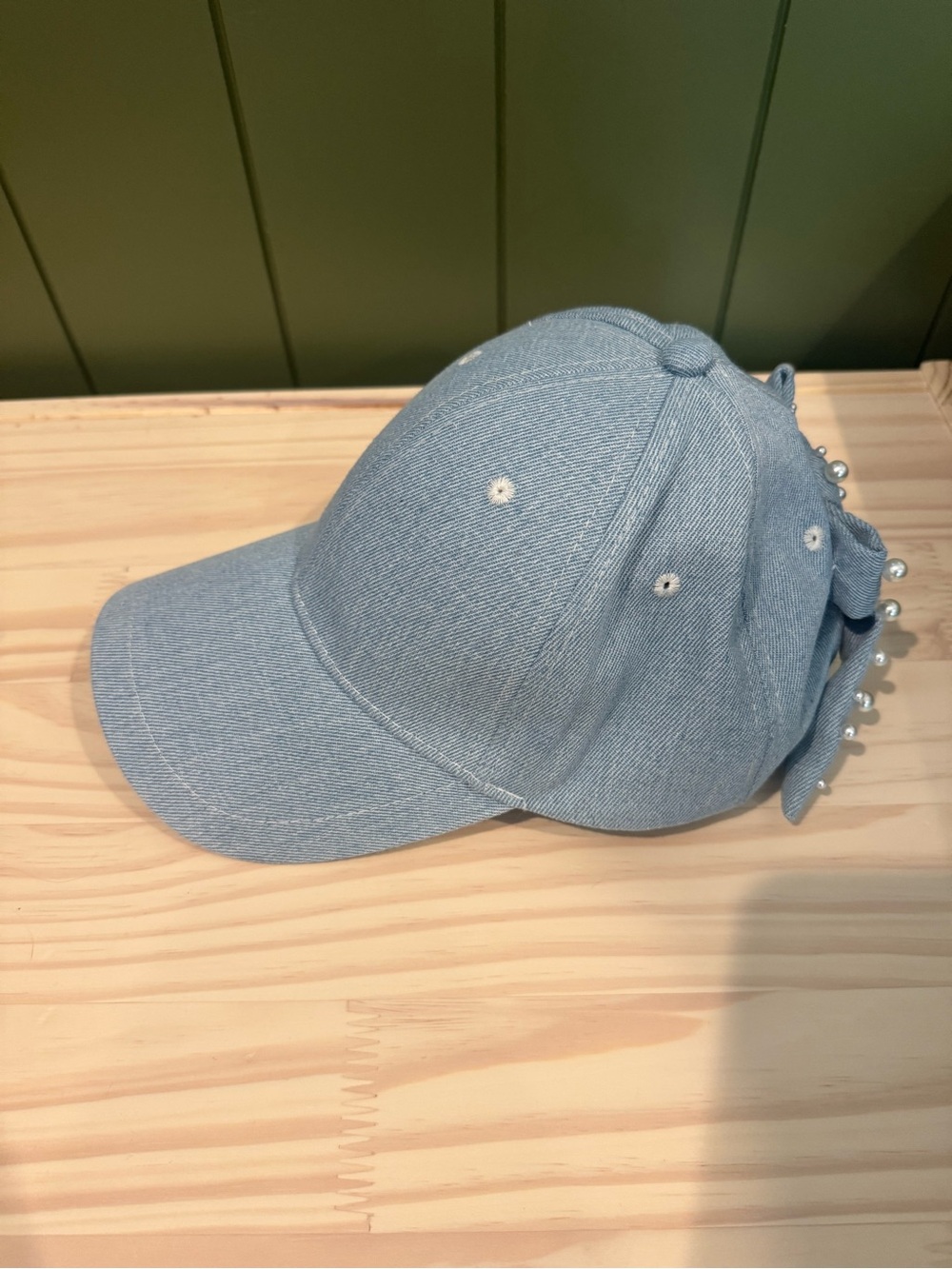 Light Blue Denim Baseball Cap with Bow & Pearl Detail